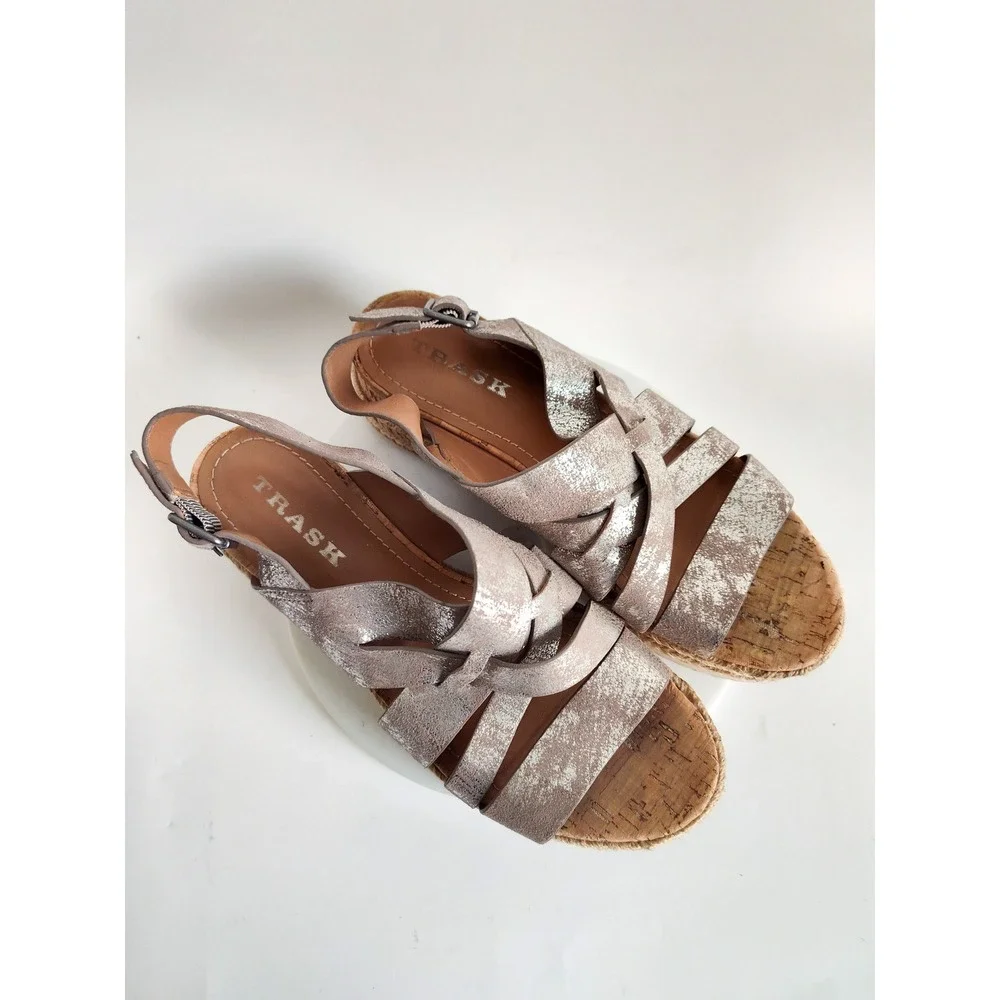 Trask Sandals 7.5 Espadrille Platform Metallic Silver Leather Strappy Boho Wedge